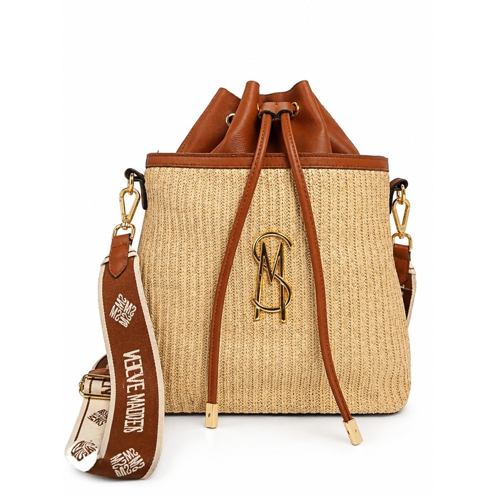 Steve Madden Straw Bucket Bag Brown Faux Leather Logo Guitar Strap Crossbody